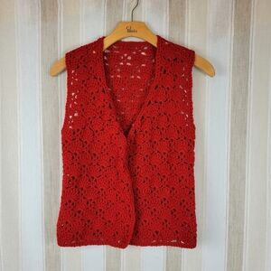 Handmade Granny Crochet Vest Sleeveless Sweater‎ One Size Red
